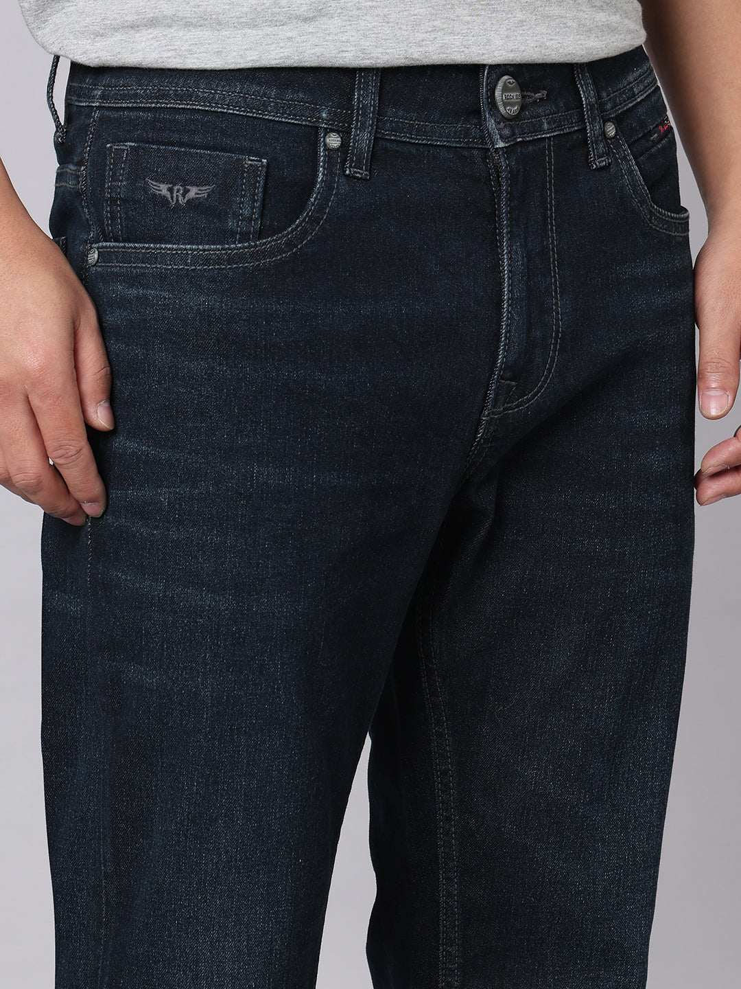Dark Blue Mid Rise Cropped Length Loose Boot Leg Stretch Jeans
