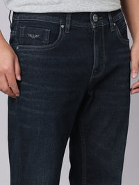 Dark Blue Mid Rise Cropped Length Loose Boot Leg Stretch Jeans