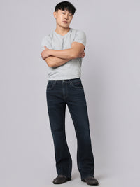Dark Blue Mid Rise Cropped Length Loose Boot Leg Stretch Jeans