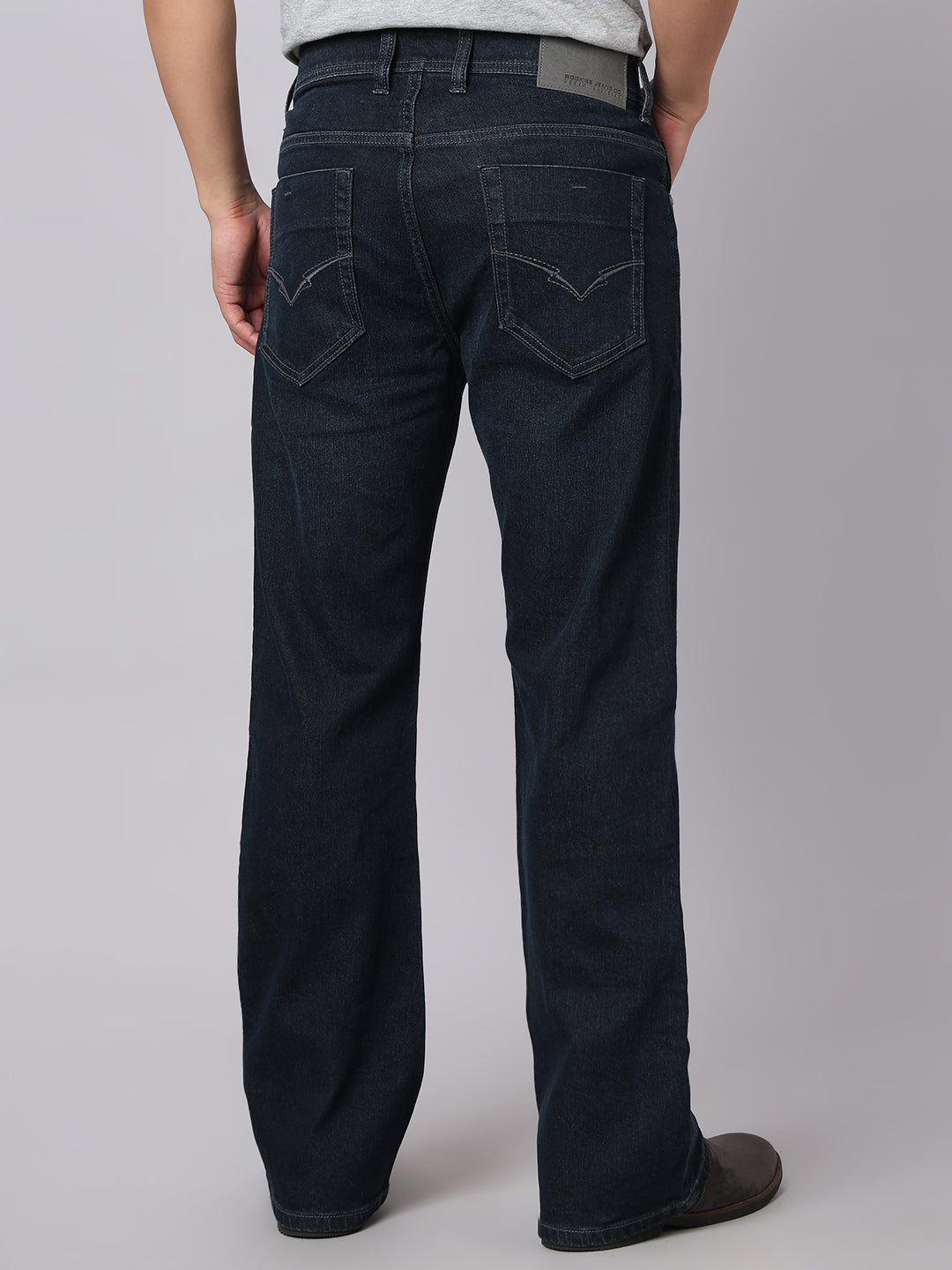 Dark Blue Mid Rise Cropped Length Loose Boot Leg Stretch Jeans