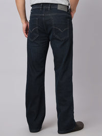 Dark Blue Mid Rise Cropped Length Loose Boot Leg Stretch Jeans