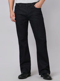 Dark Blue Mid Rise Cropped Length Loose Boot Leg Stretch Jeans