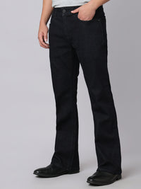Dark Blue Mid Rise Cropped Length Loose Boot Leg Stretch Jeans