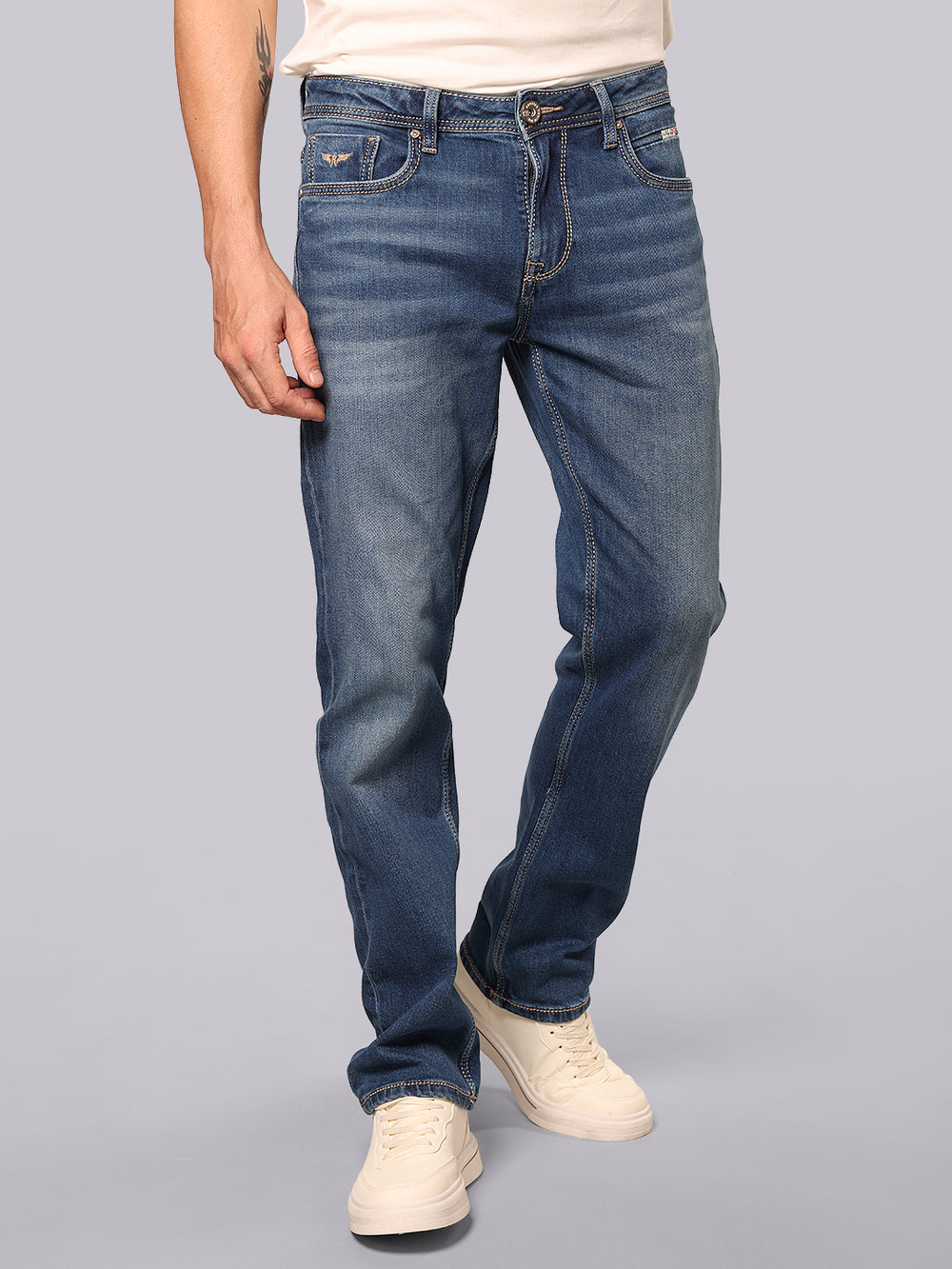 Med Blue Midrise, Comfort And Straight Fit Stretch Jeans