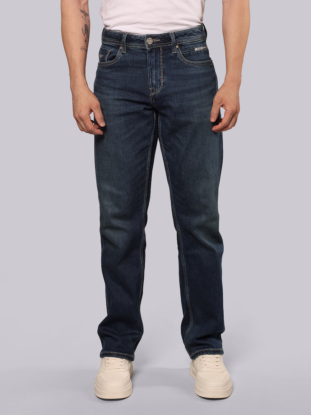 Med Blue Midrise, Comfort And Straight Fit Stretch Jeans