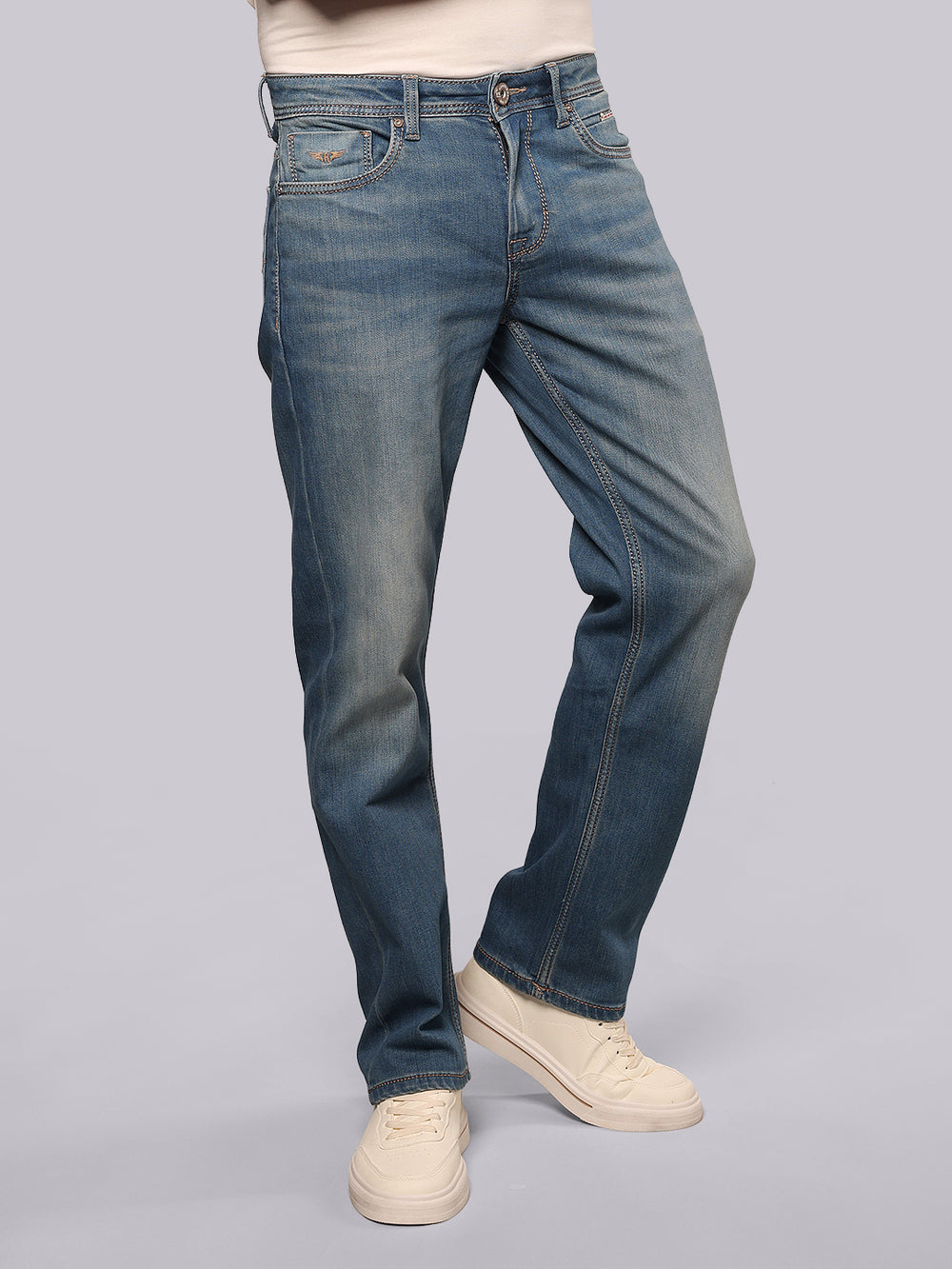 Med Blue Midrise, Comfort And Straight Fit Stretch Jeans