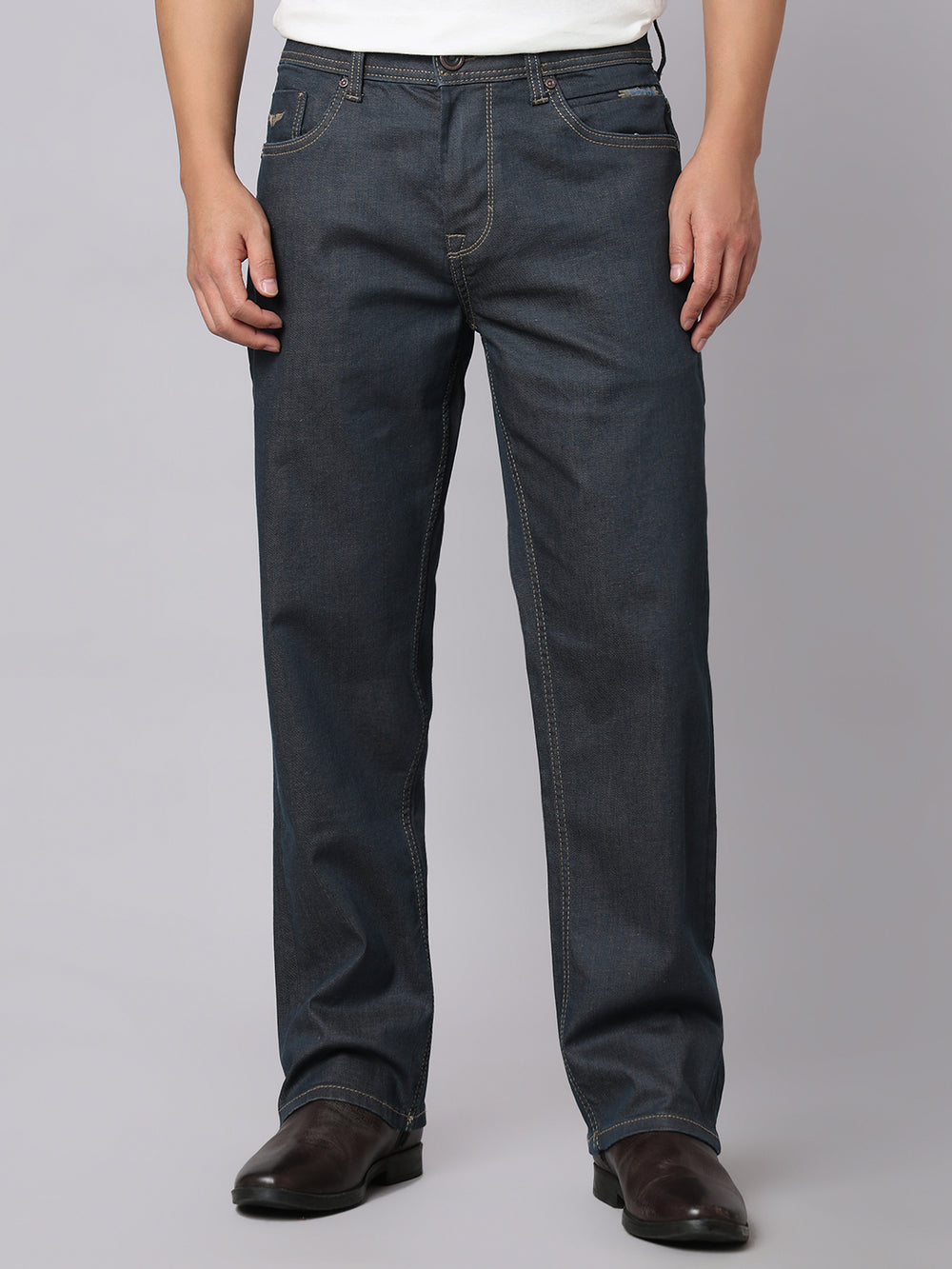 Dark Blue Midrise, Comfort And Straight Crop Length Stretch Jeans