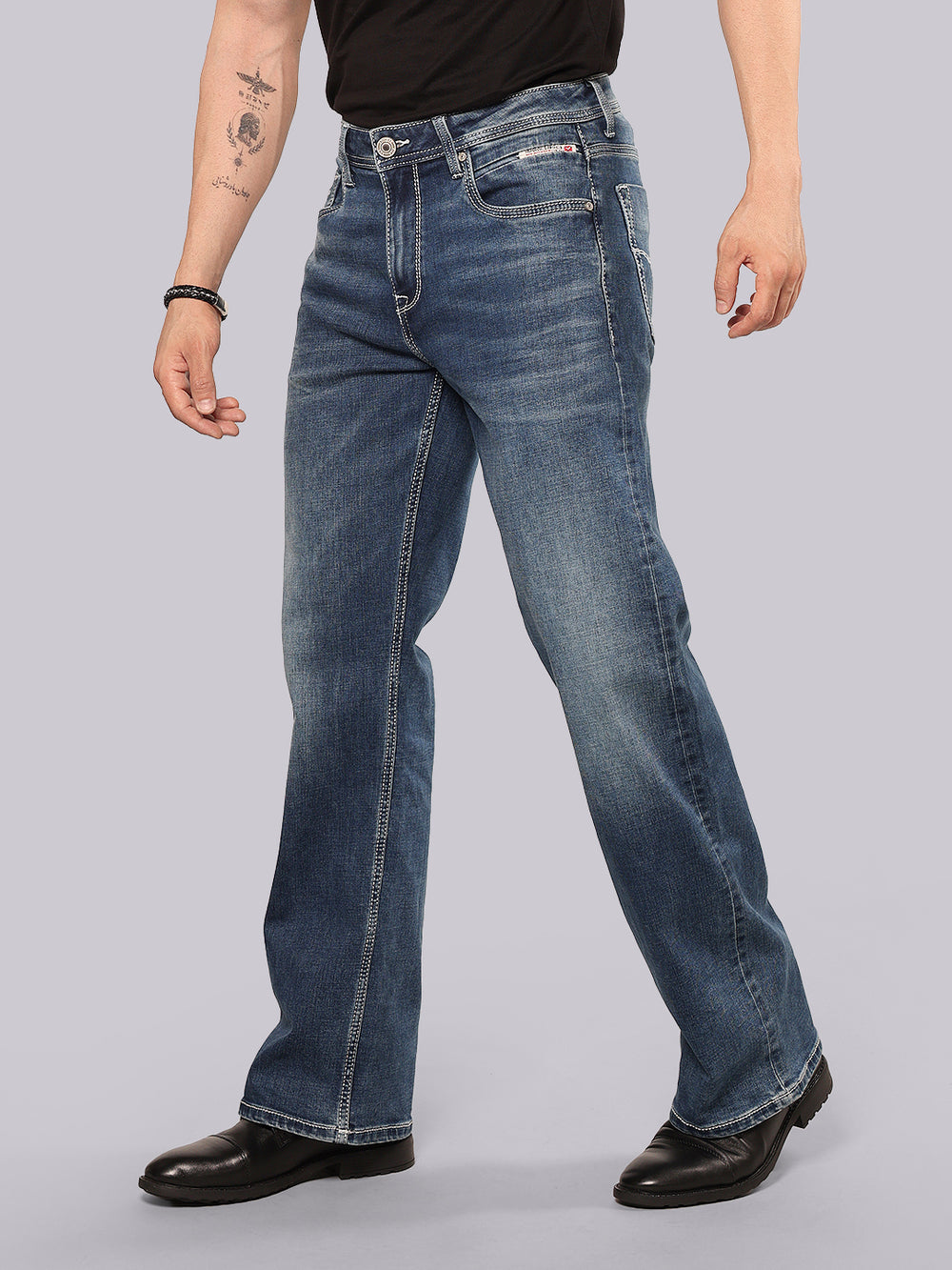 Med Blue Midrise Loose Fit Stretch Jeans