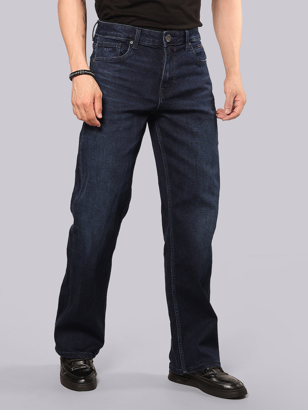 Dark Blue Midrise Loose Fit Stretch Jeans