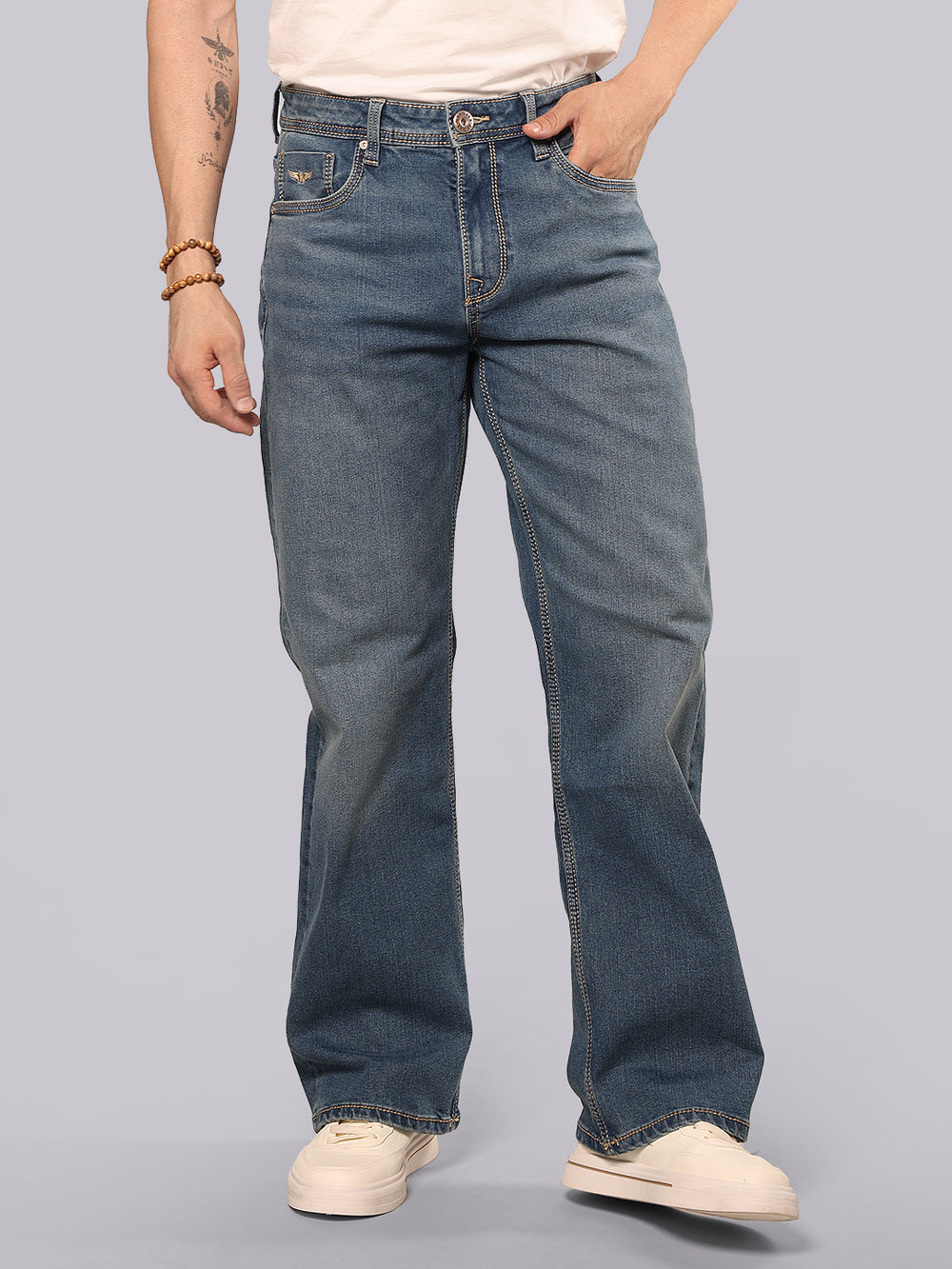 Med Blue Midrise Loose Fit Stretch Jeans