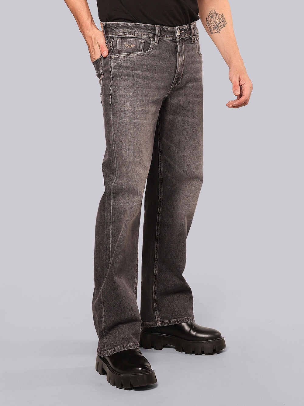Grey Midrise Loose Fit Stretch Jeans