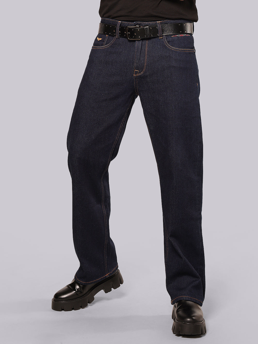 Dark Blue Midrise Loose Fit Stretch Jeans