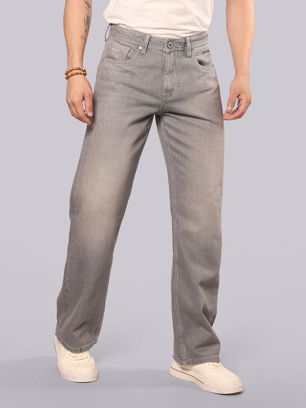 Med Grey Midrise Loose Fit Stretch Jeans