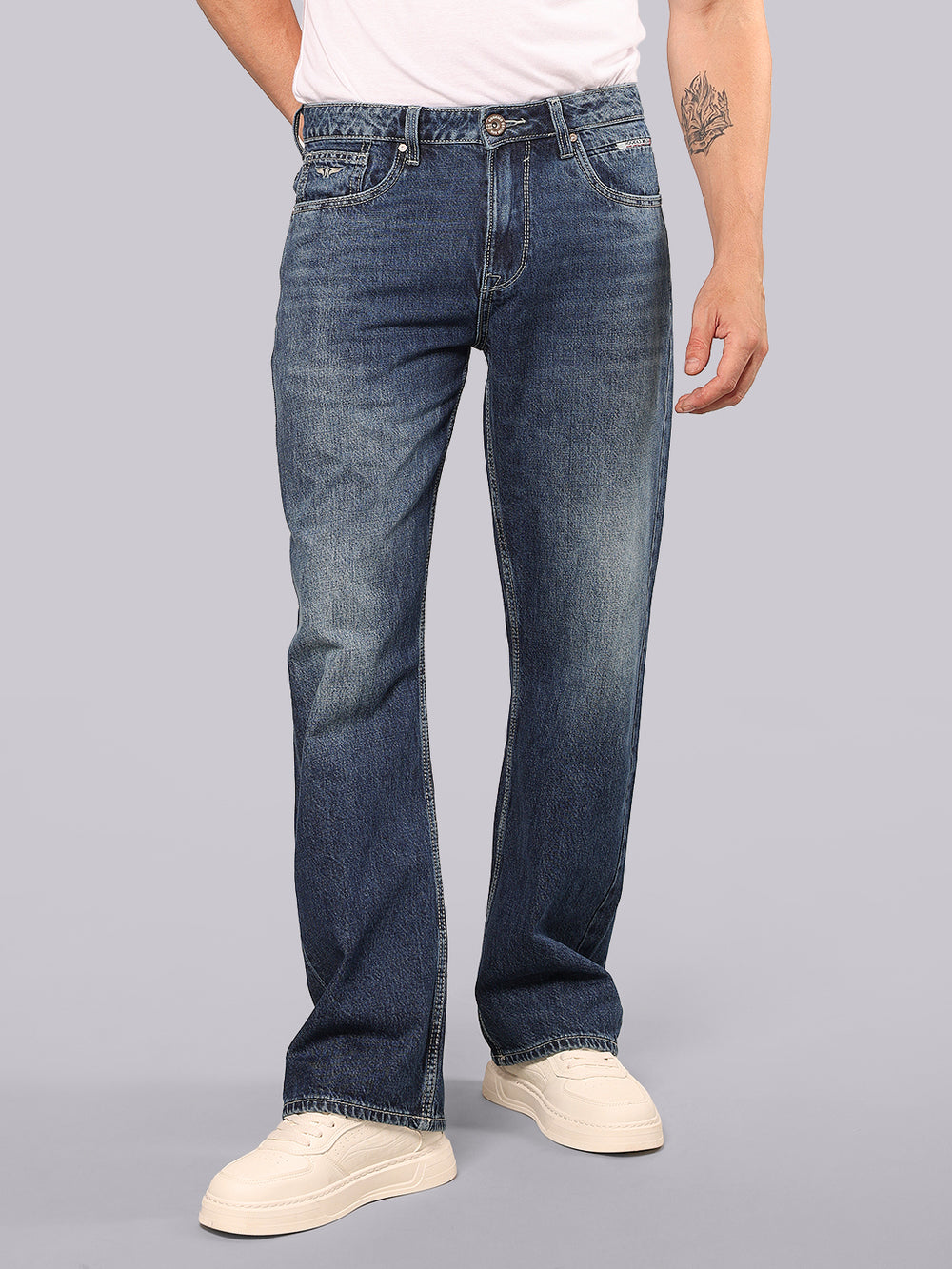 Med Blue Midrise Loose Fit Stretch Jeans