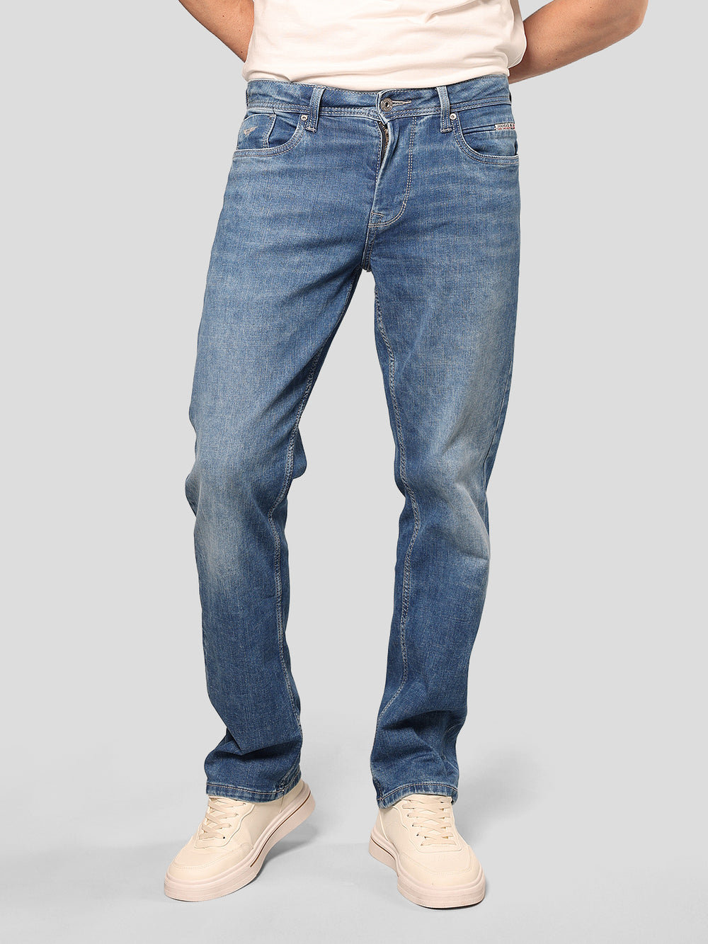 Med Blue Midrise, Comfort And Straight Fit Stretch Jeans