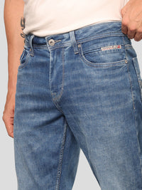 Med Blue Midrise, Comfort And Straight Fit Stretch Jeans