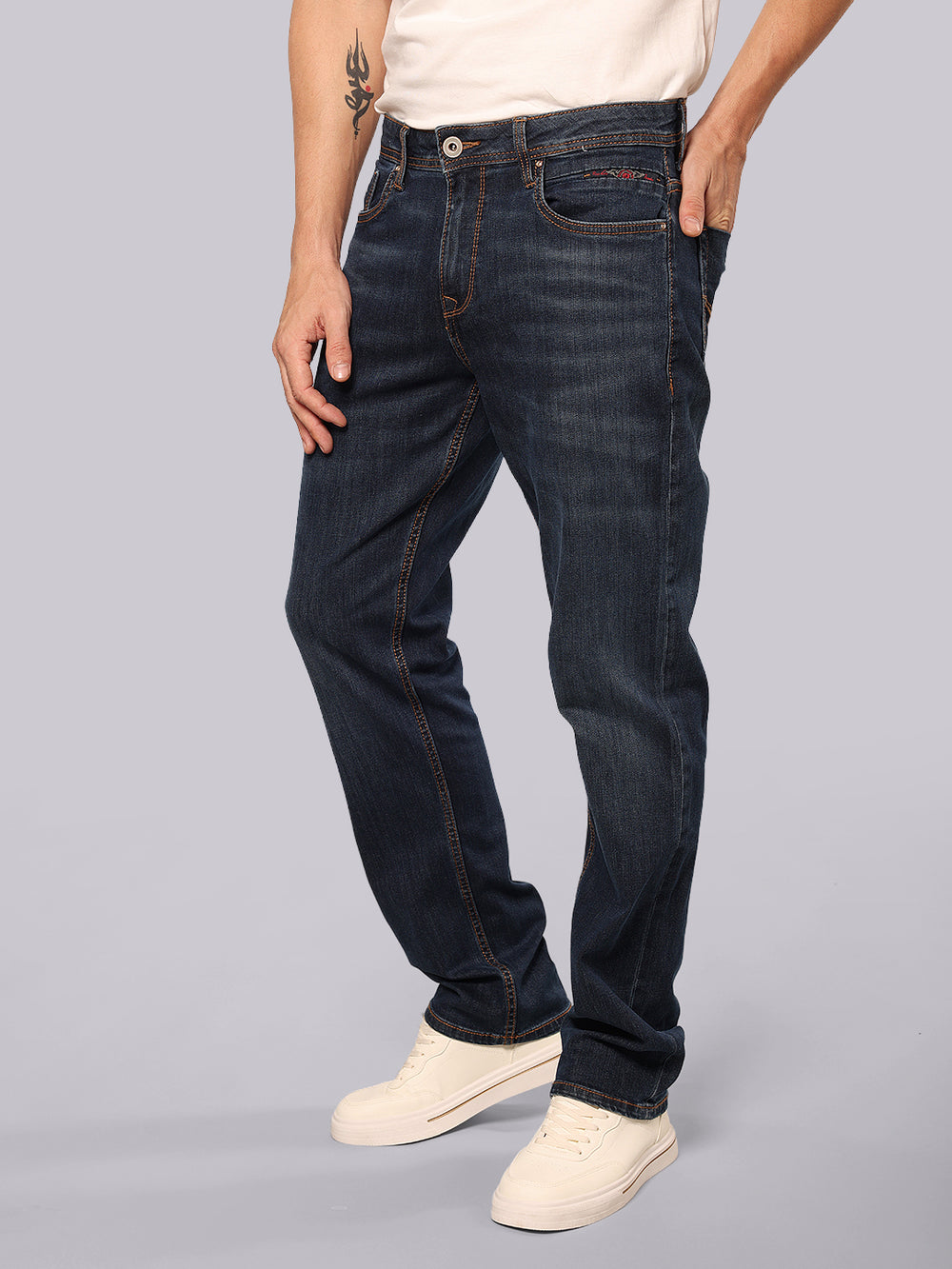 Dark Blue Midrise, Comfort And Straight Fit Stretch Jeans