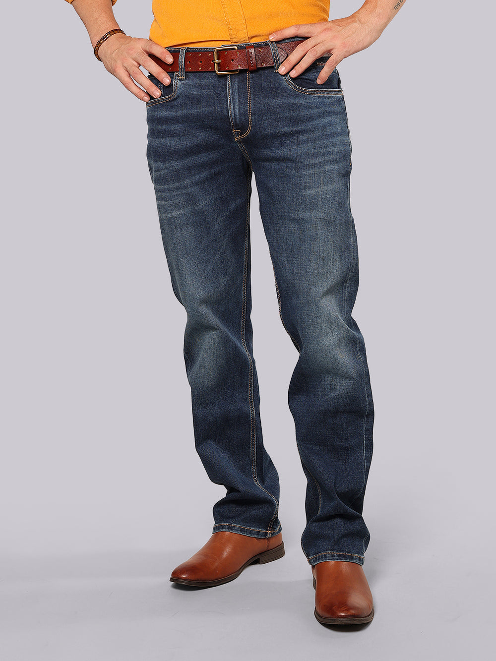 Med Blue Midrise, Comfort And Straight Fit Stretch Jeans