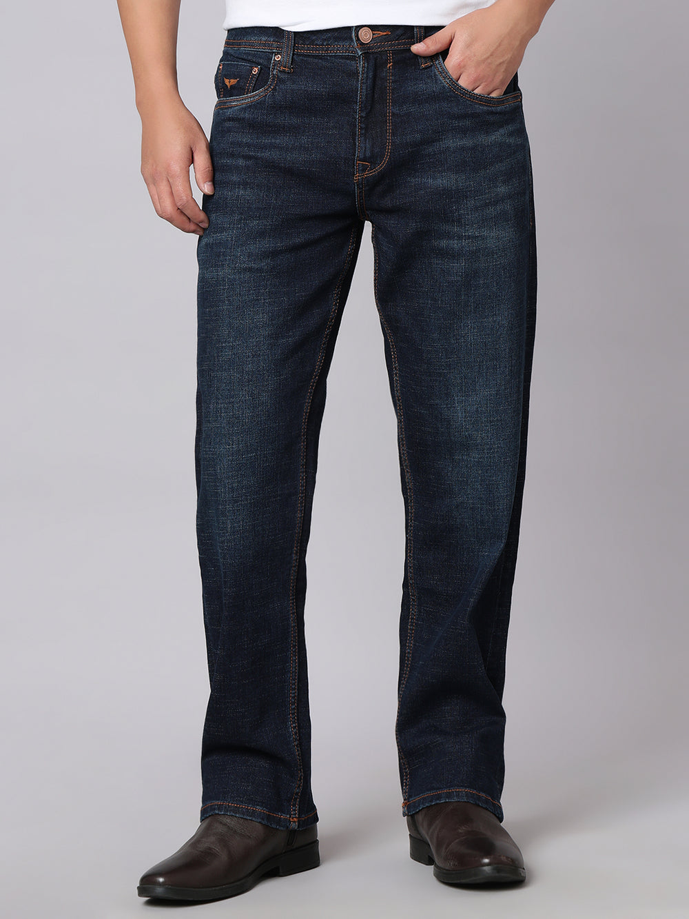 Dark Blue Midrise, Comfort And Straight Crop Length Stretch Jeans