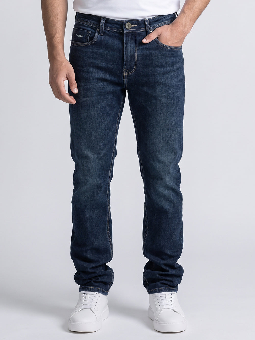 Med Blue Mid-Rise Slim Straight Fit Stretch Jeans