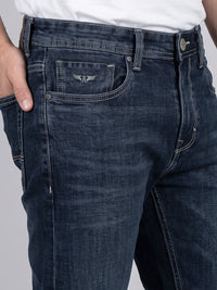 Med Blue Mid-Rise Slim Straight Fit Stretch Jeans