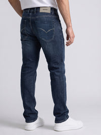 Med Blue Mid-Rise Slim Straight Fit Stretch Jeans