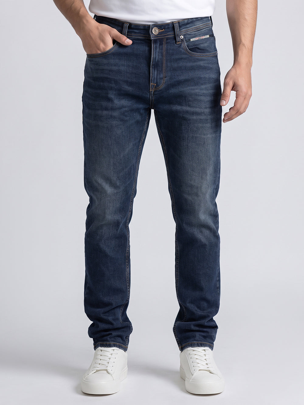 Med Blue Mid-Rise Slim Straight Fit Stretch Jeans