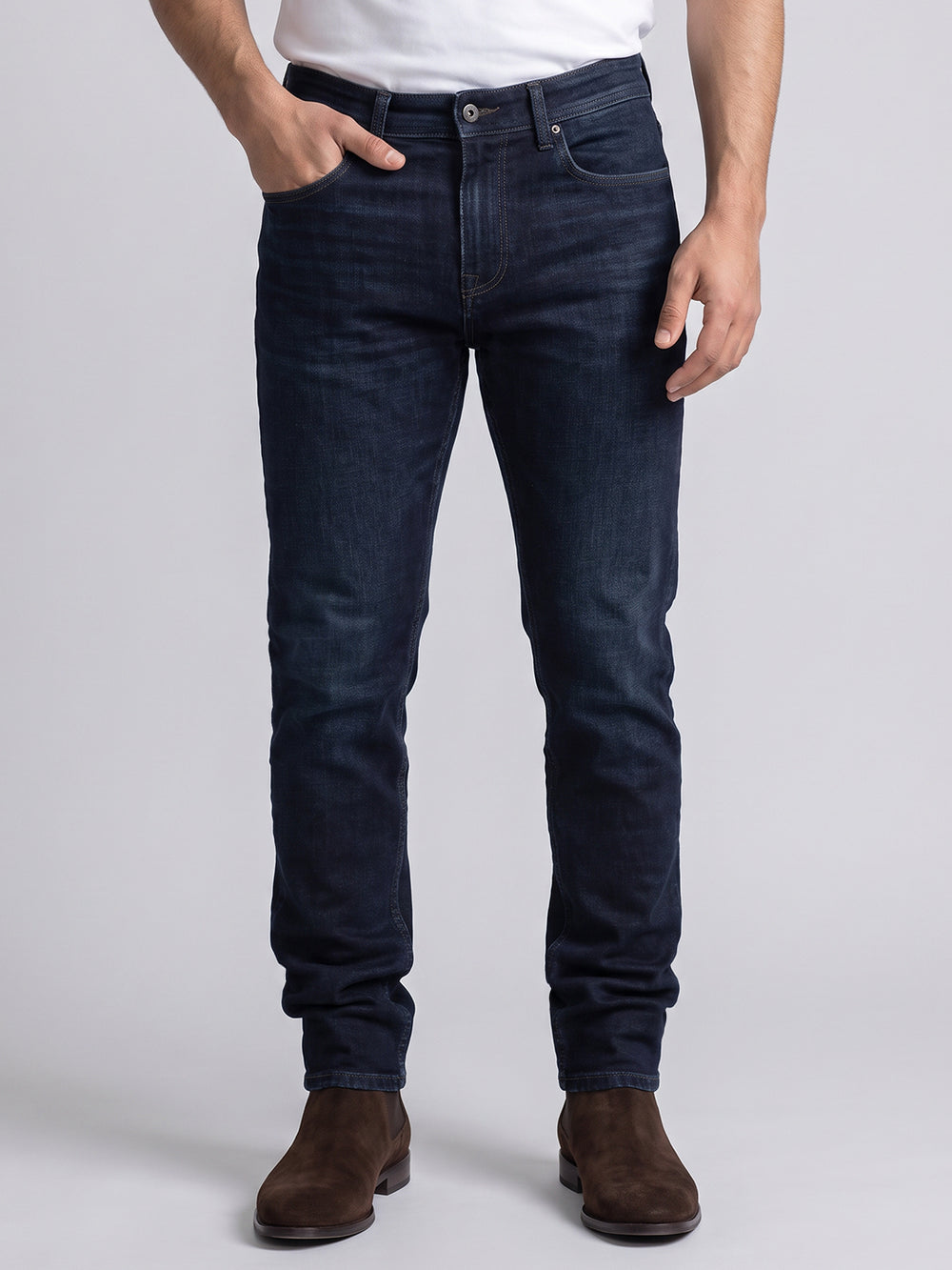 Dark Blue Mid-Rise Slim Straight Fit Stretch Jeans