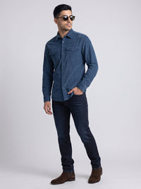 Dark Blue Mid-Rise Slim Straight Fit Stretch Jeans