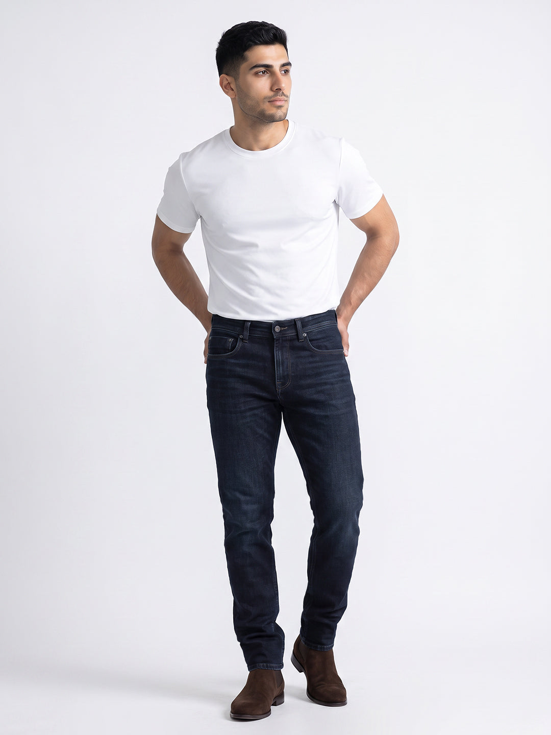 Dark Blue Mid-Rise Slim Straight Fit Stretch Jeans