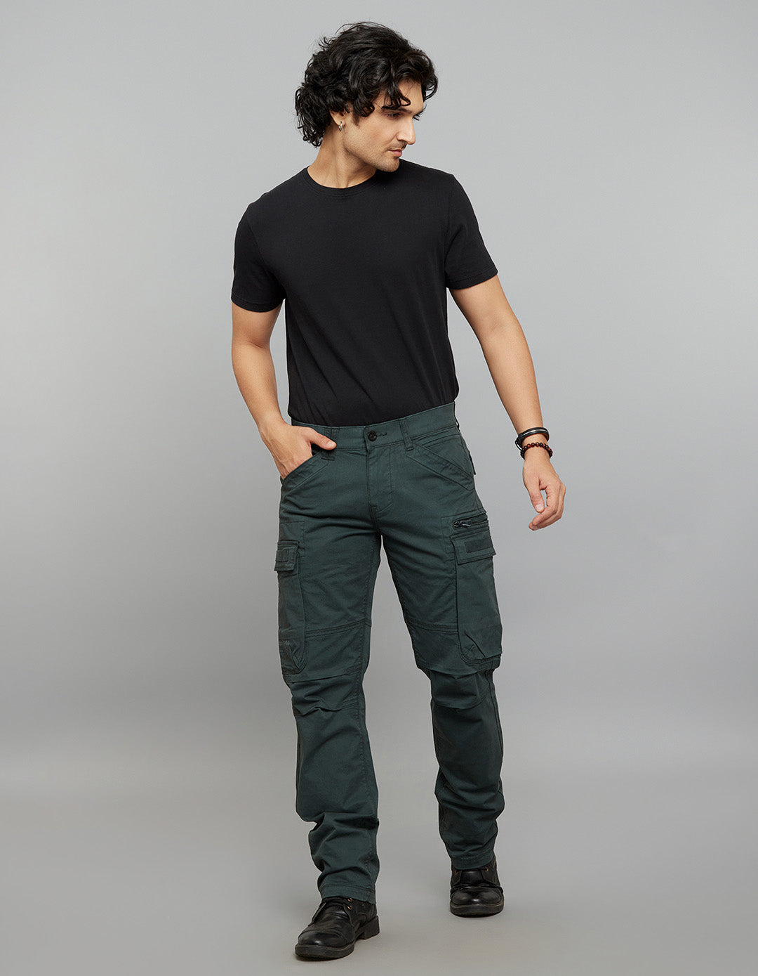 Bottle Green Comfort Straight Fit Stretch Cargo Pants 