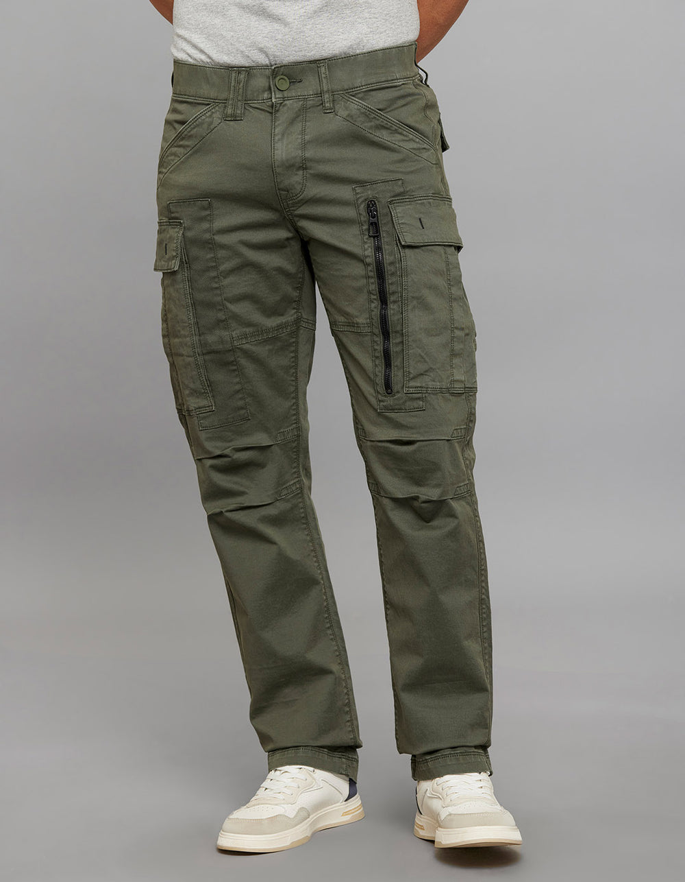 Military Green Comfort Straight Fit Stretch Cargo Pants 