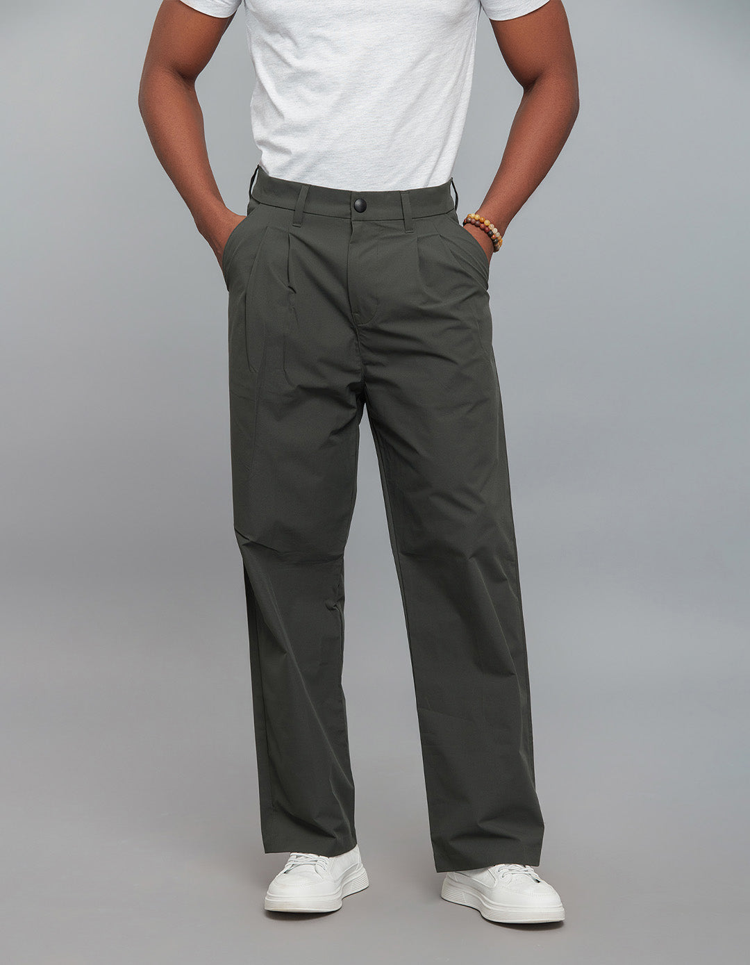 Bottle Green Pleated 100% Polyester Korean Pants