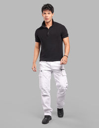 WHITE COMFORT STRAIGHT FIT STRETCH CARGO PANTS