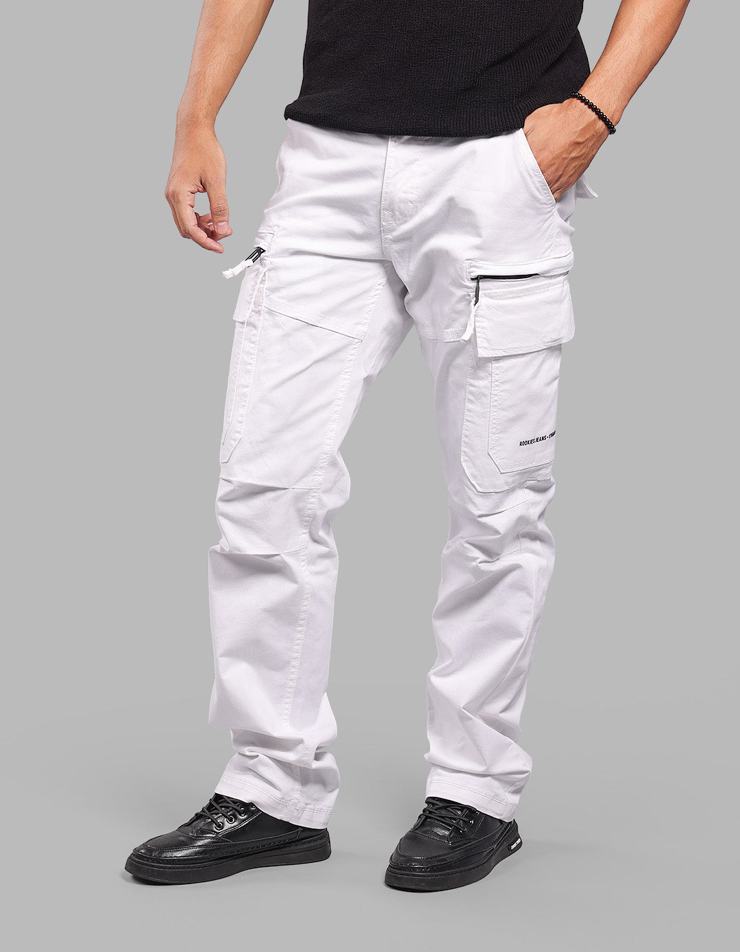 WHITE COMFORT STRAIGHT FIT STRETCH CARGO PANTS