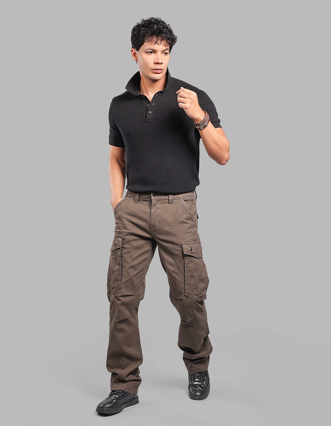 OLIVE COMFORT STRAIGHT FIT STRETCH CARGO PANTS