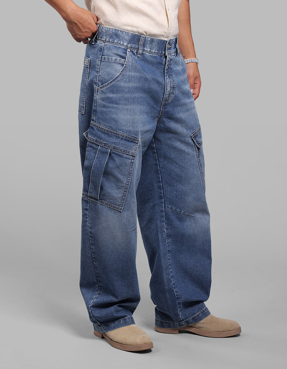 Med Blue Balloon Fit Denim Cargo
