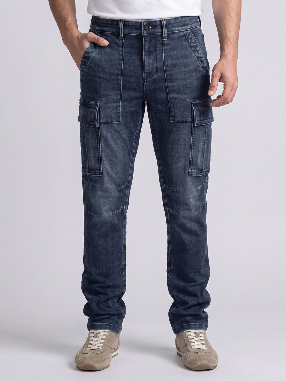 Dark Blue Comfort Straight Fit Stretch Denim Cargo