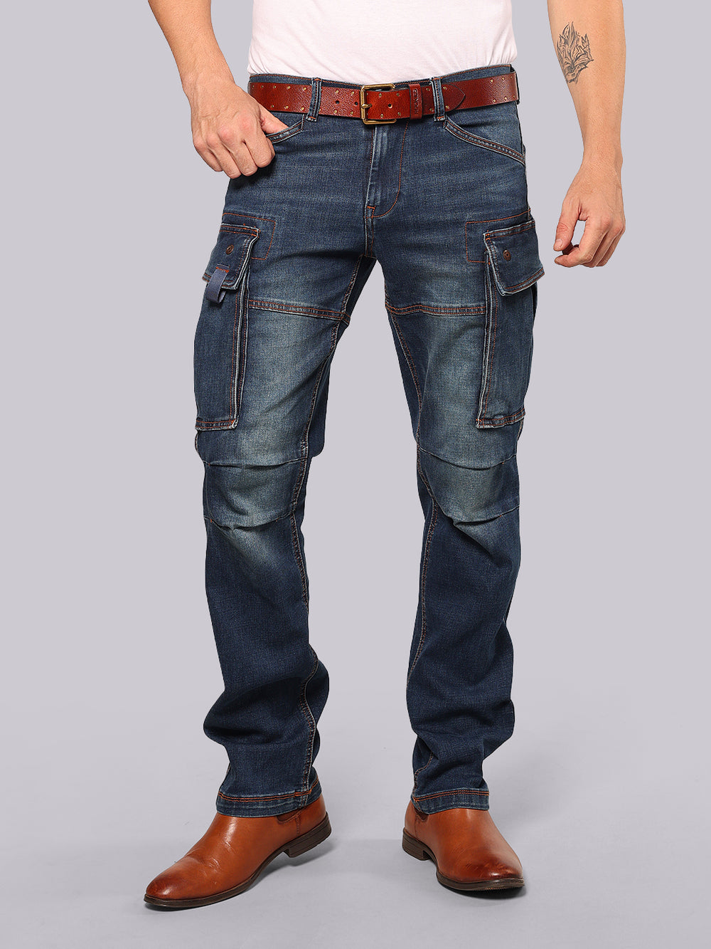 Med Blue Comfort Straight Fit Stretch Denim Cargo