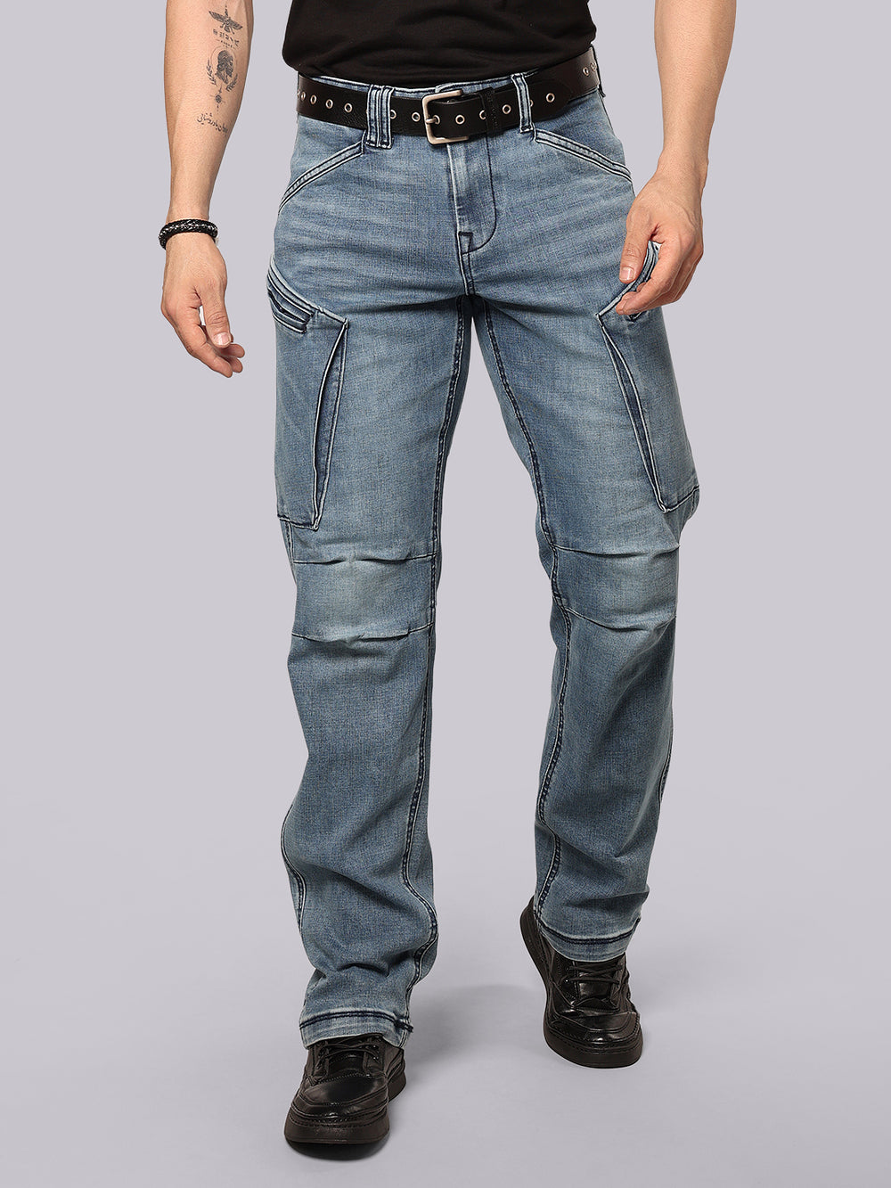 Med Blue Comfort Straight Fit Stretch Denim Cargo
