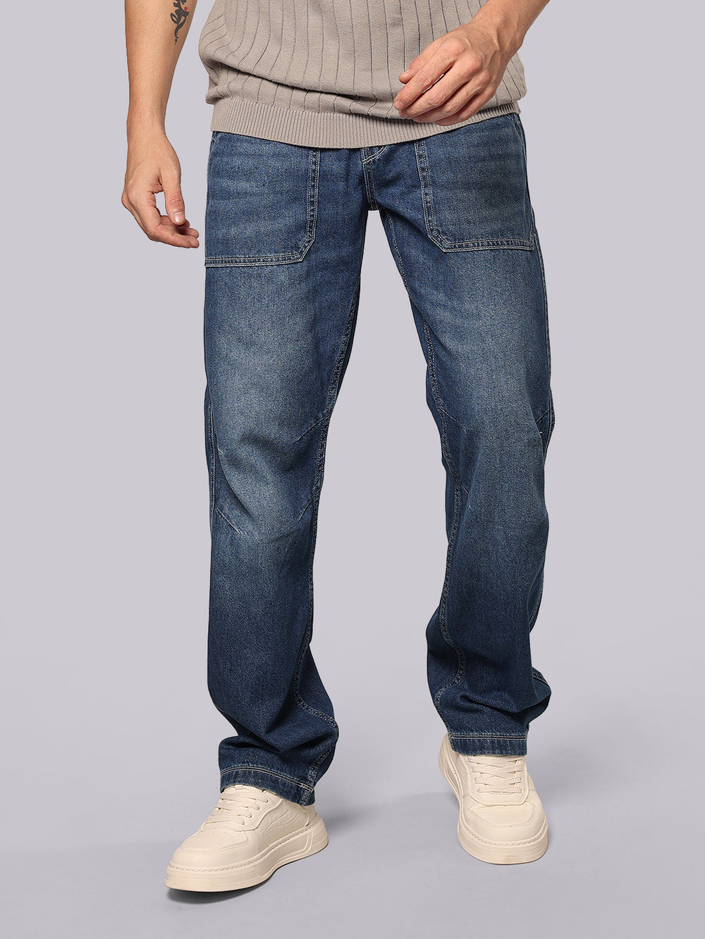 Med Blue Comfort Straight Fit Denim Cargo