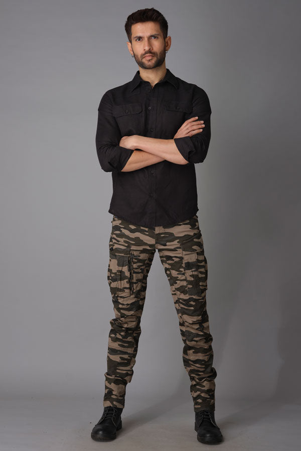 Khaki Camo Print Regular Fit Cargo Pant