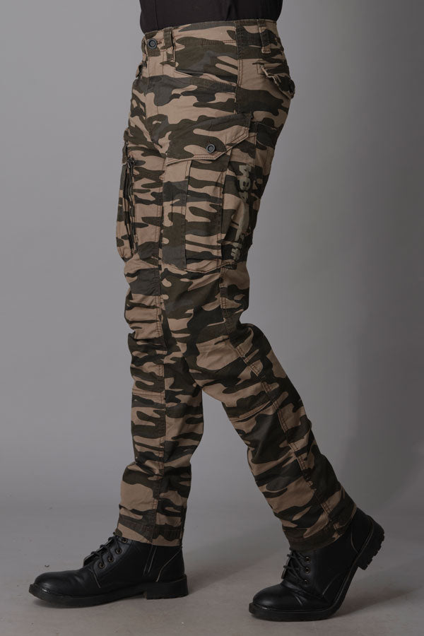 Khaki Camo Print Regular Fit Cargo Pant