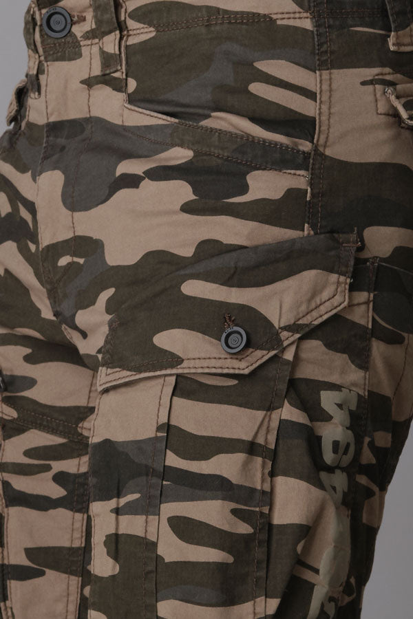 Khaki Camo Print Regular Fit Cargo Pant