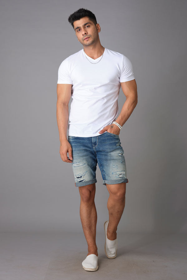 Med Blue Solid Slim Fit Denim Short (Denim Slim)