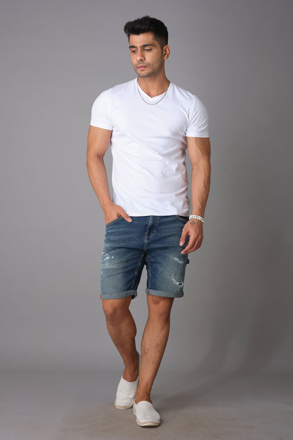 Med Blue Solid Slim Fit Denim Short (Denim Slim)
