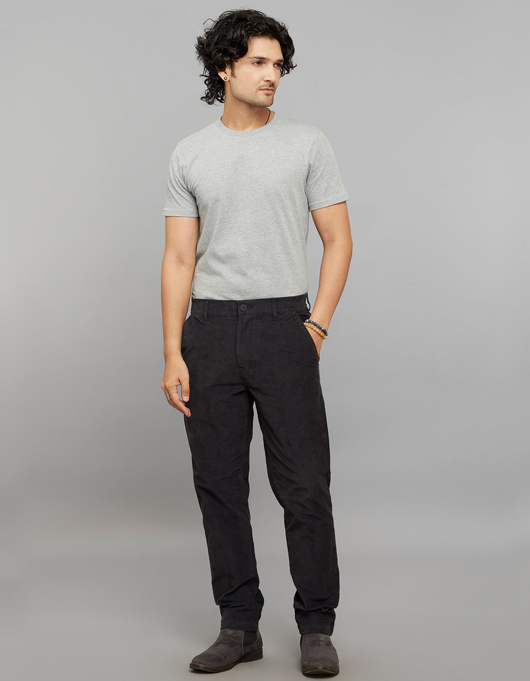 Grey Regular Straight Fit Corduroy Chino