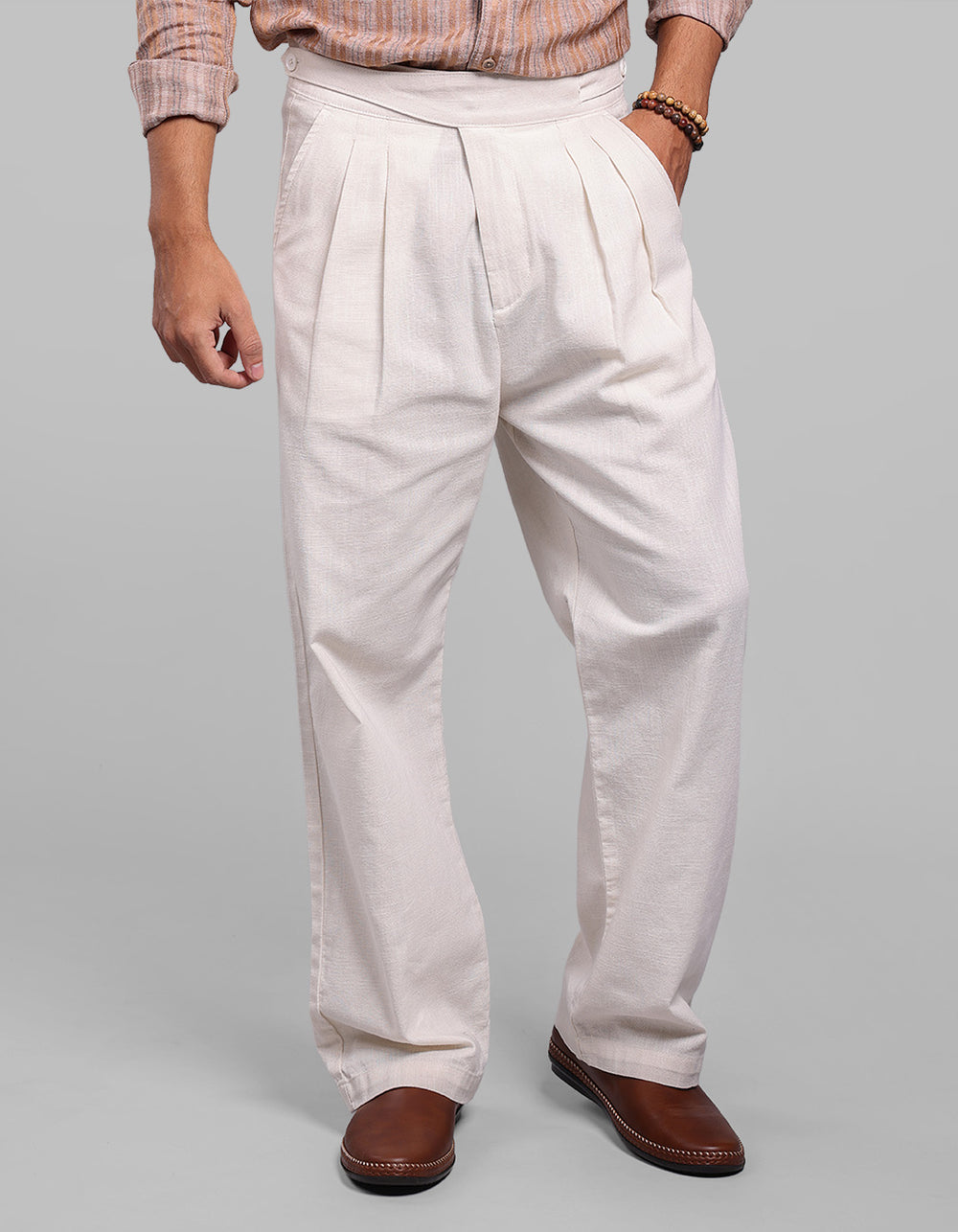 Off White Pleated Korean Fit Cotton Pants
