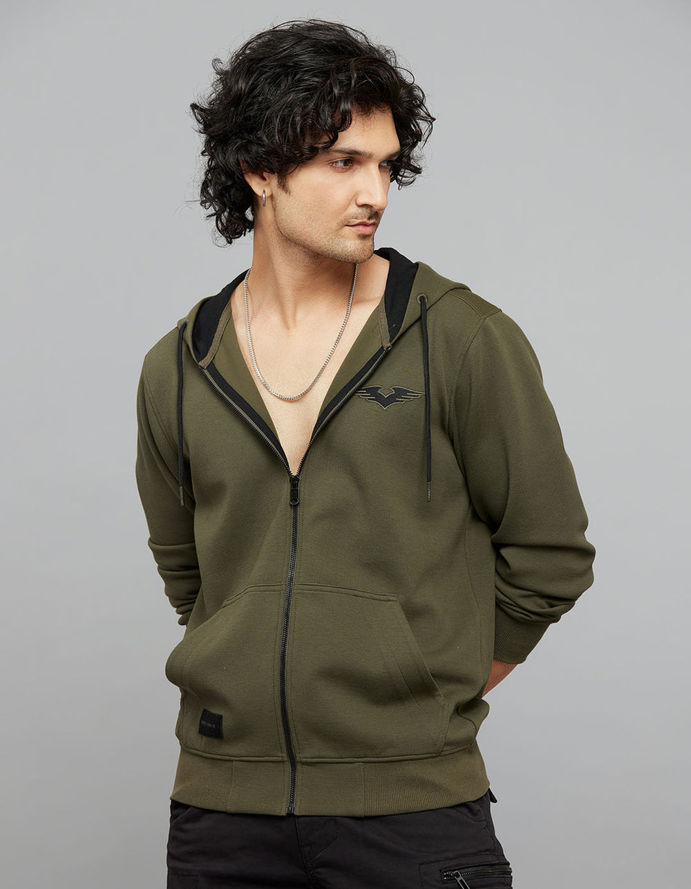 Military Green Zipper Front Full Sleeves Hoodie