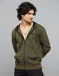 Military Green Zipper Front Full Sleeves Hoodie